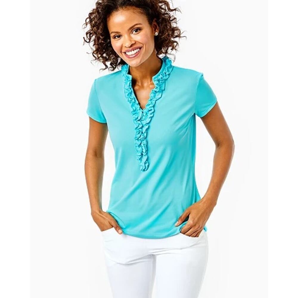 Lilly Pulitzer UPF 50+ Luxletic Frida Ruffle Polo Top Small Women’s Blue Horizon